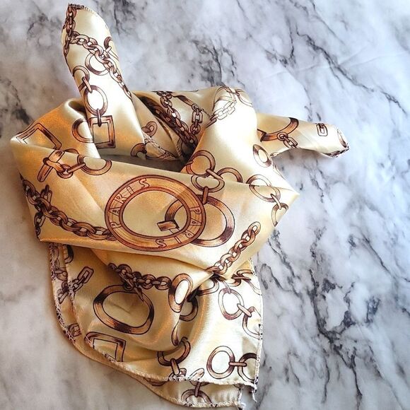 Vintage Style Chain Print Square Scarf Beige and Brown Elegant Satin Neckerchief - Picture 9 of 9